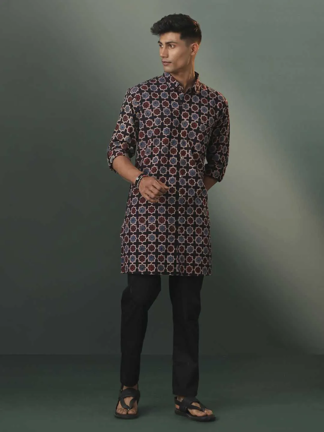 VASTRAMAY Men's Black Ajrakh Printed Kurta Set