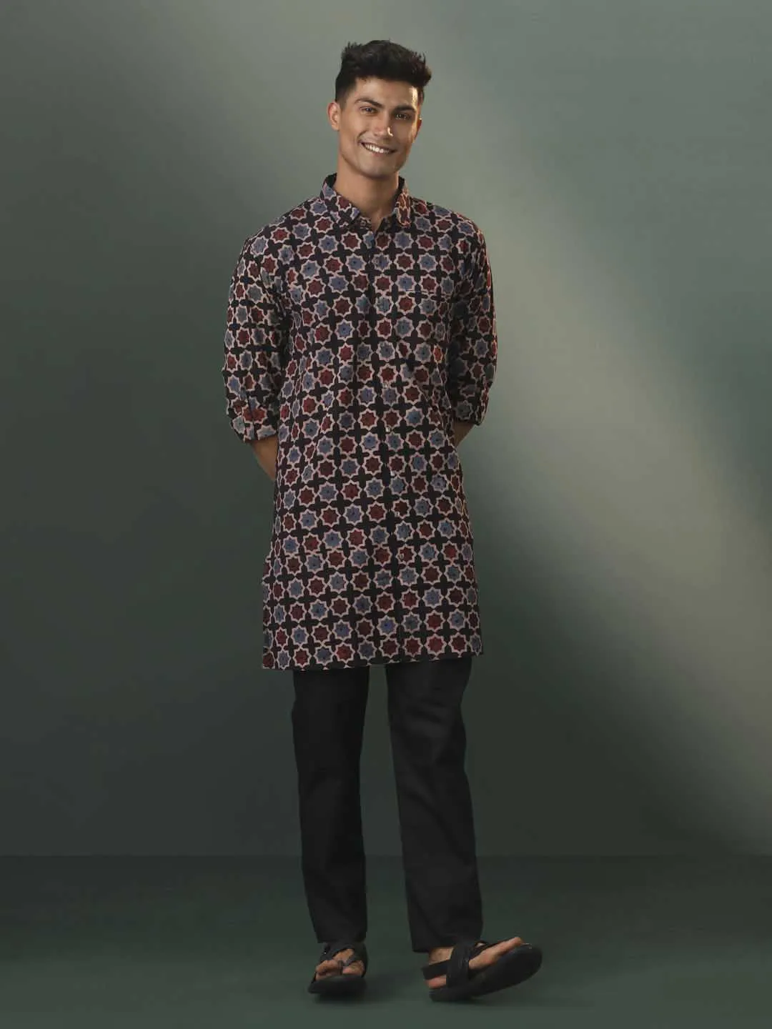 VASTRAMAY Men's Black Ajrakh Printed Kurta Set