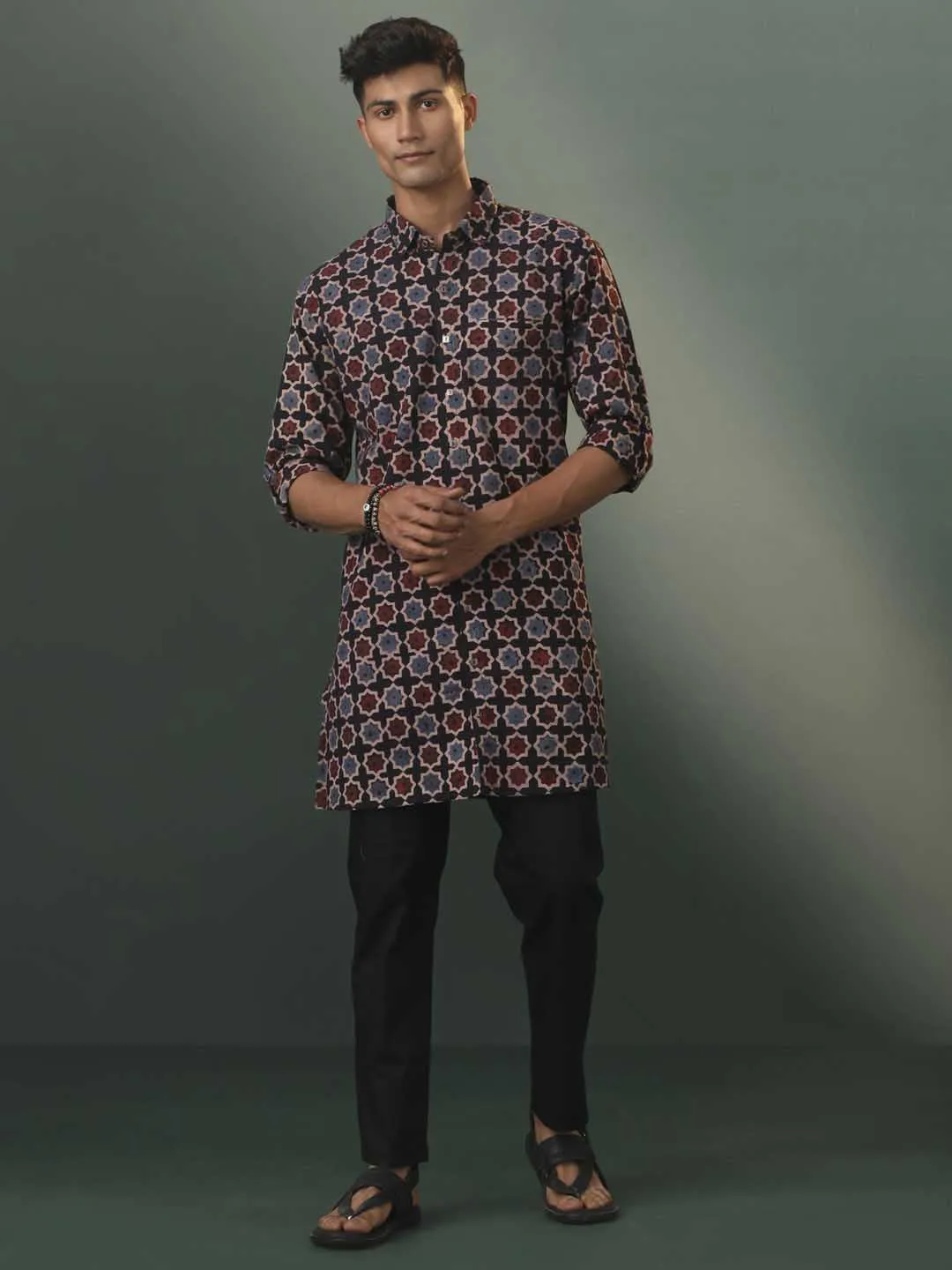 VASTRAMAY Men's Black Ajrakh Printed Kurta Set