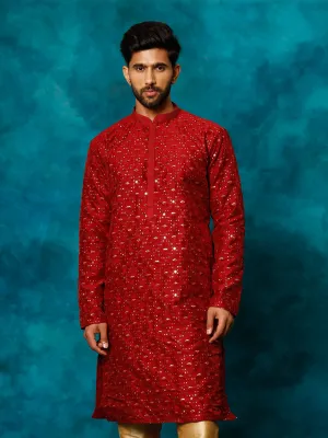 Vastramay Men's Maroon Silk Embellished Kurta