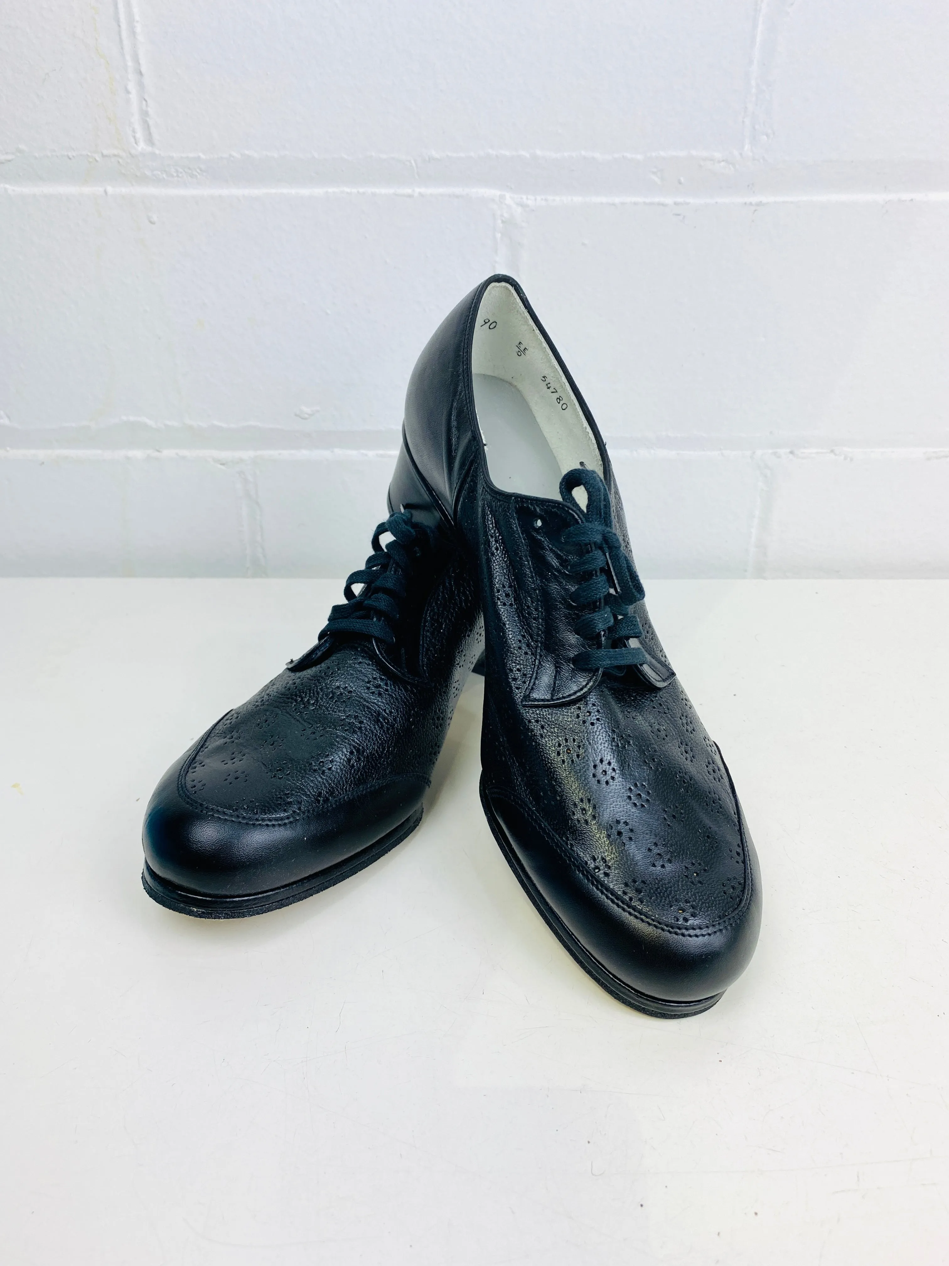 Vintage Deadstock Shoes, Women's 1980s Black Leather Cuban Heel Oxfords, NOS, 1616