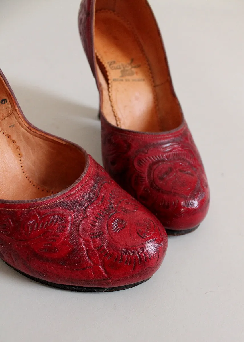 Vintage Early 1950s Mexican Red Tooled Leather Shoes