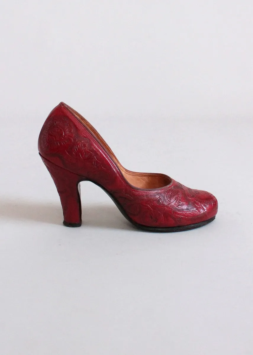 Vintage Early 1950s Mexican Red Tooled Leather Shoes