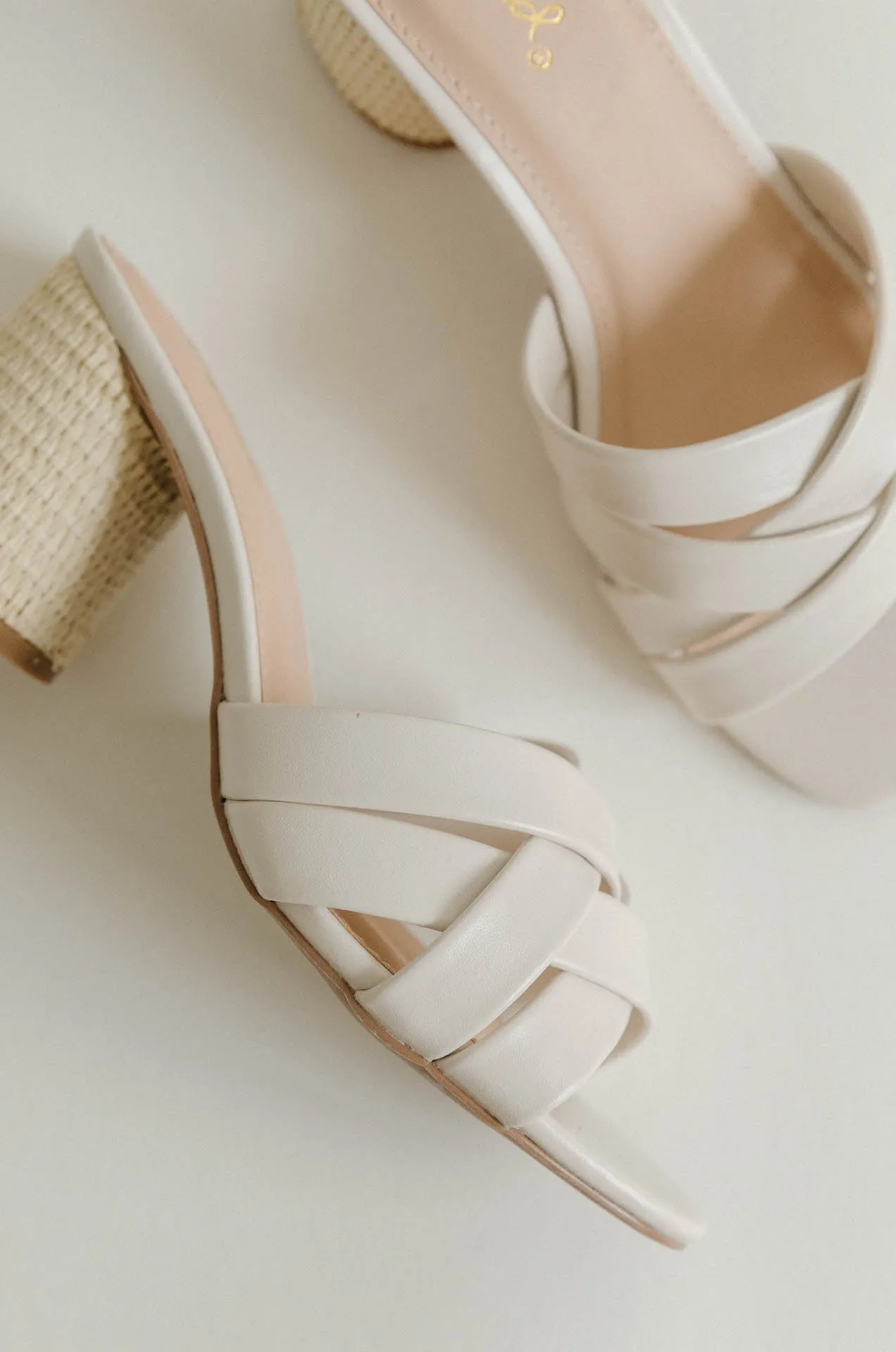 White Leather Criss Cross Woven Heels