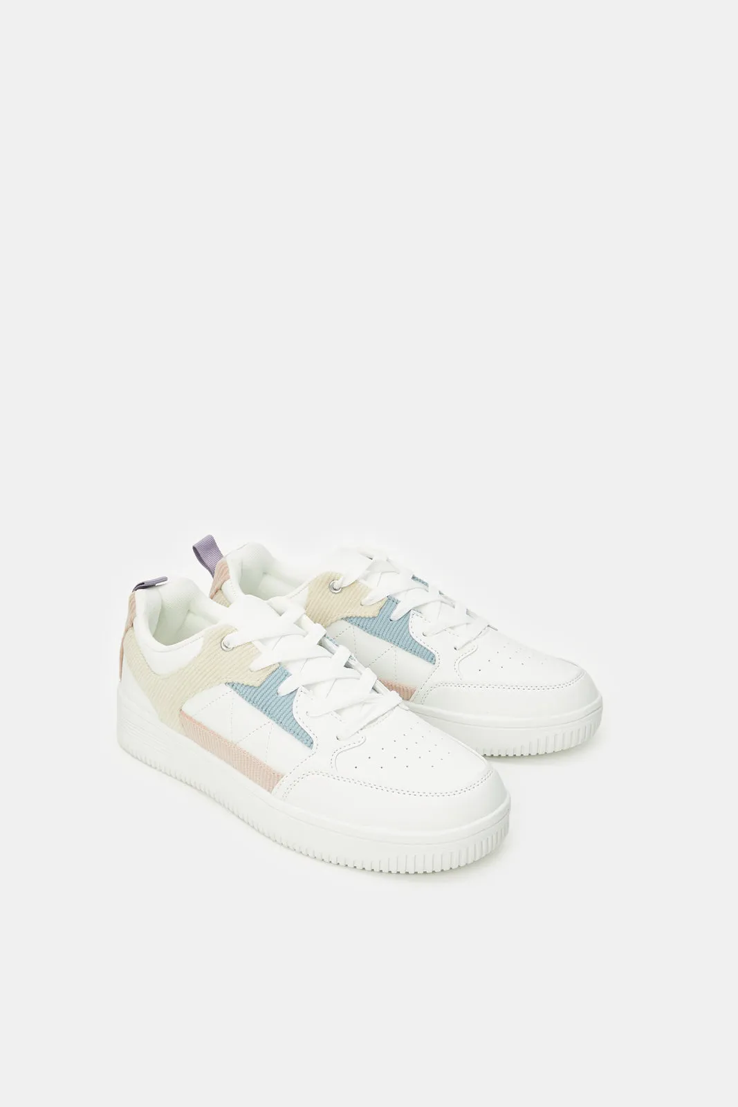 Women White Lace Up Sneaker With Corduroy Overlay