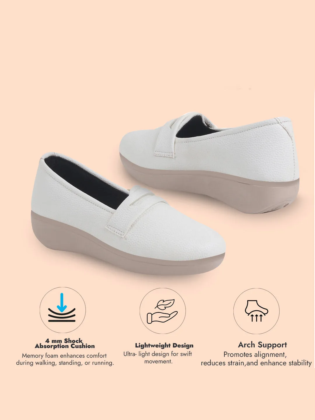 Women White Textured Slip On Casual Shoes Flatform Heel Height Enhancer|All Day Comfort|Daily Wear Shoes