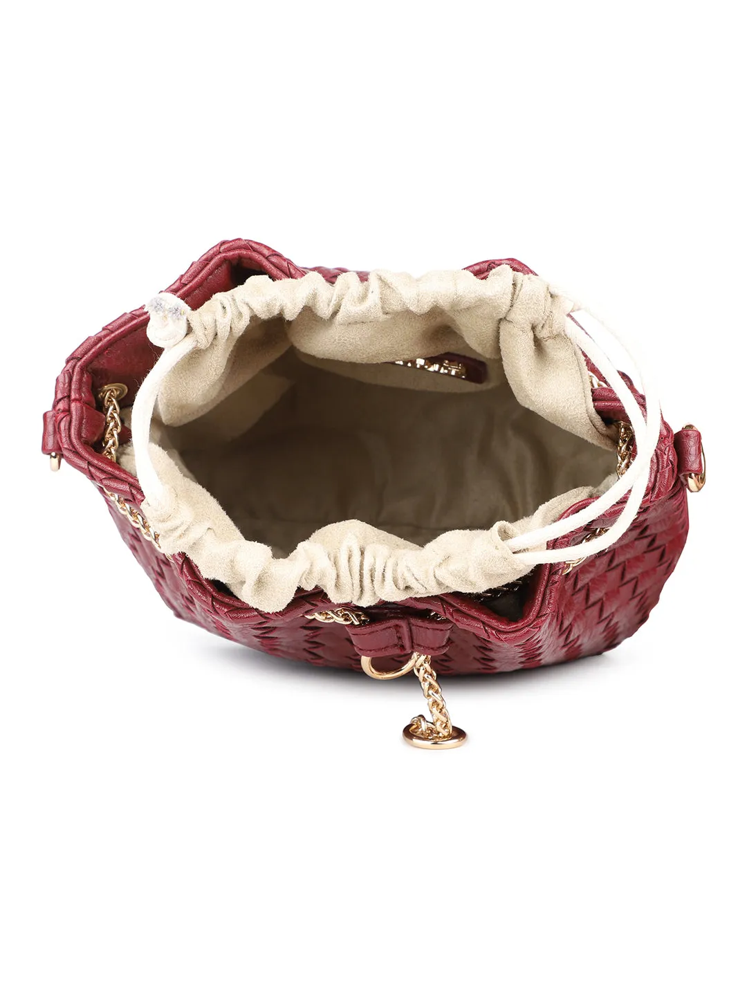 Women Wine Red Woven Design Structured Potli Clutch