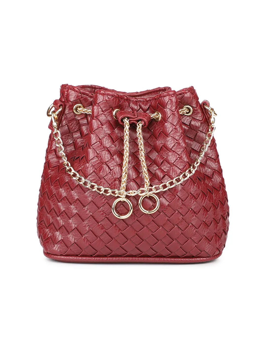 Women Wine Red Woven Design Structured Potli Clutch